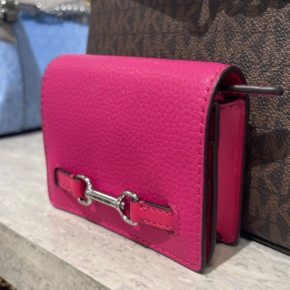 MICHAEL KORS Carson Small Pebbled Leather Flap Wallet DRAGONFRUIT NWT